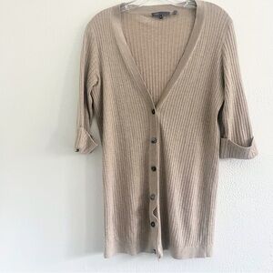 Vince Long Ribbed Button-Front Cardigan in Beige